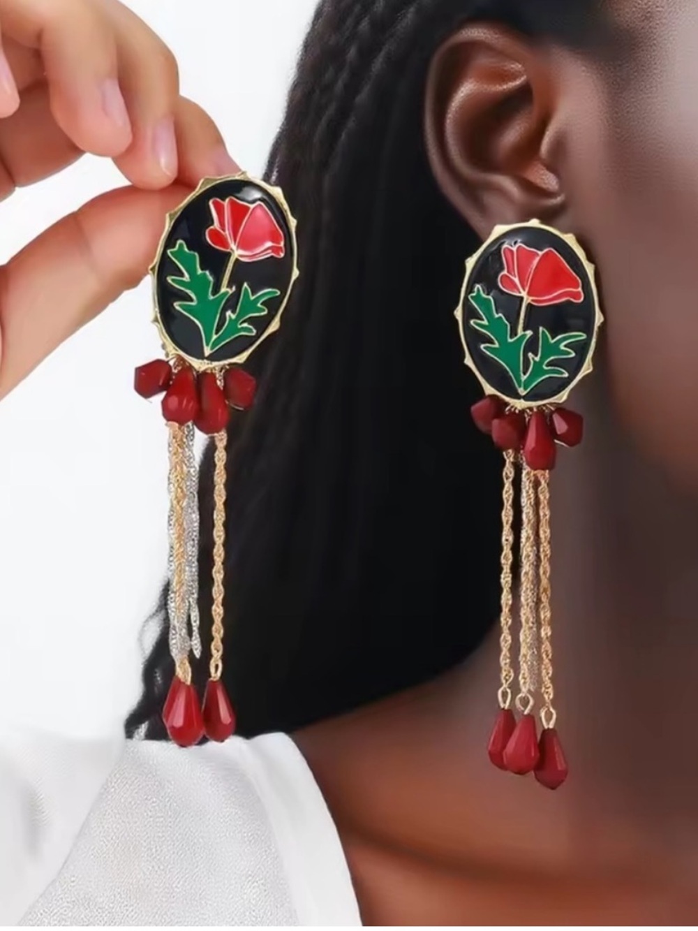 Zara Red and Green Floral Enamel Drop Earrings with Gold Chains